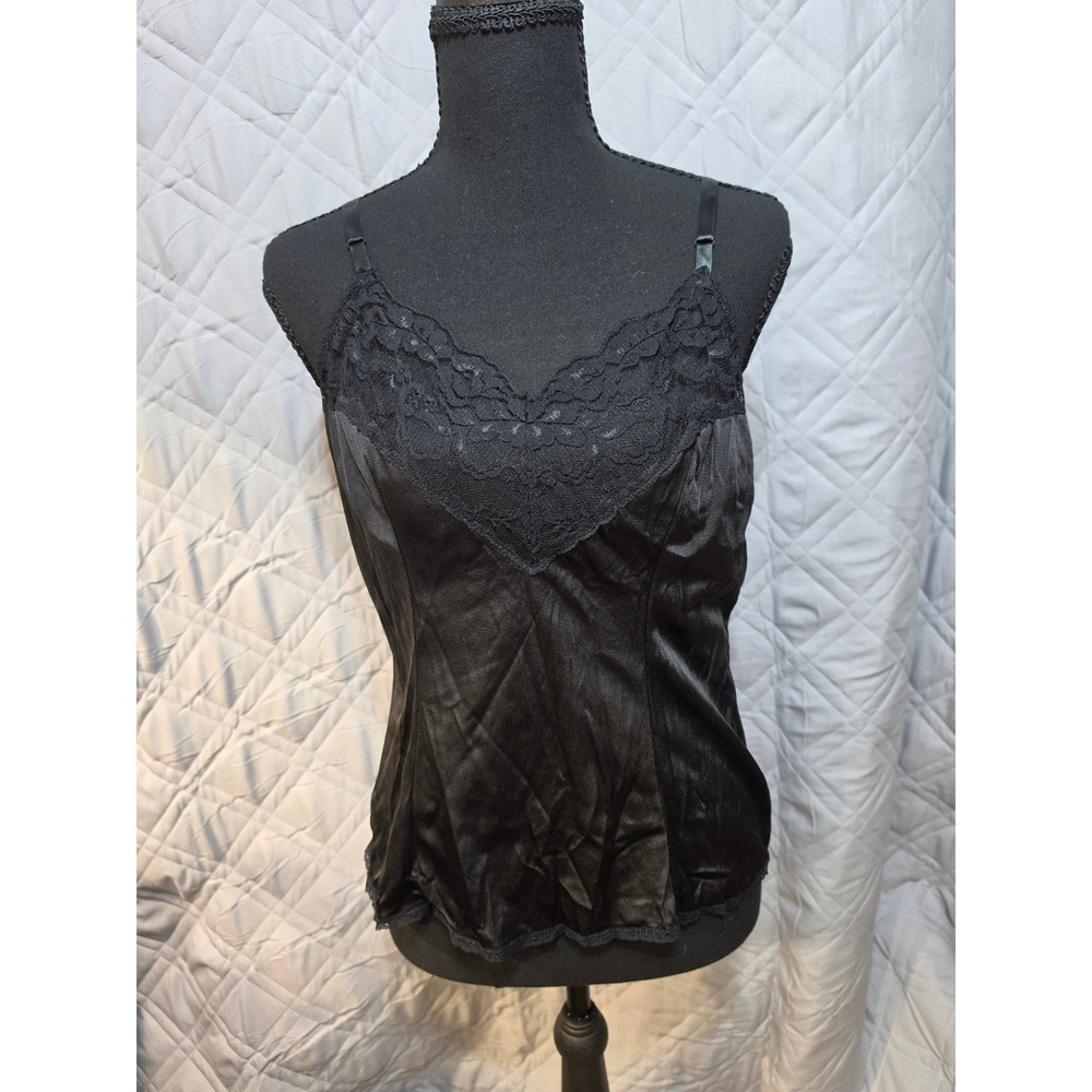 Vassarette Black Sable Lace Trim Camisole Silky Nylon Lingerie Topβ 17105 L